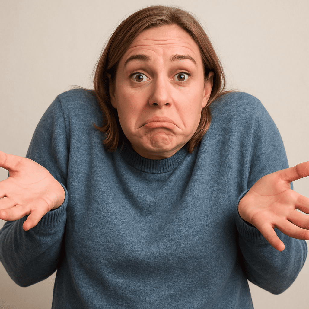 A person in a blue sweater making a confused expression with hands raised in a shrugging pose.