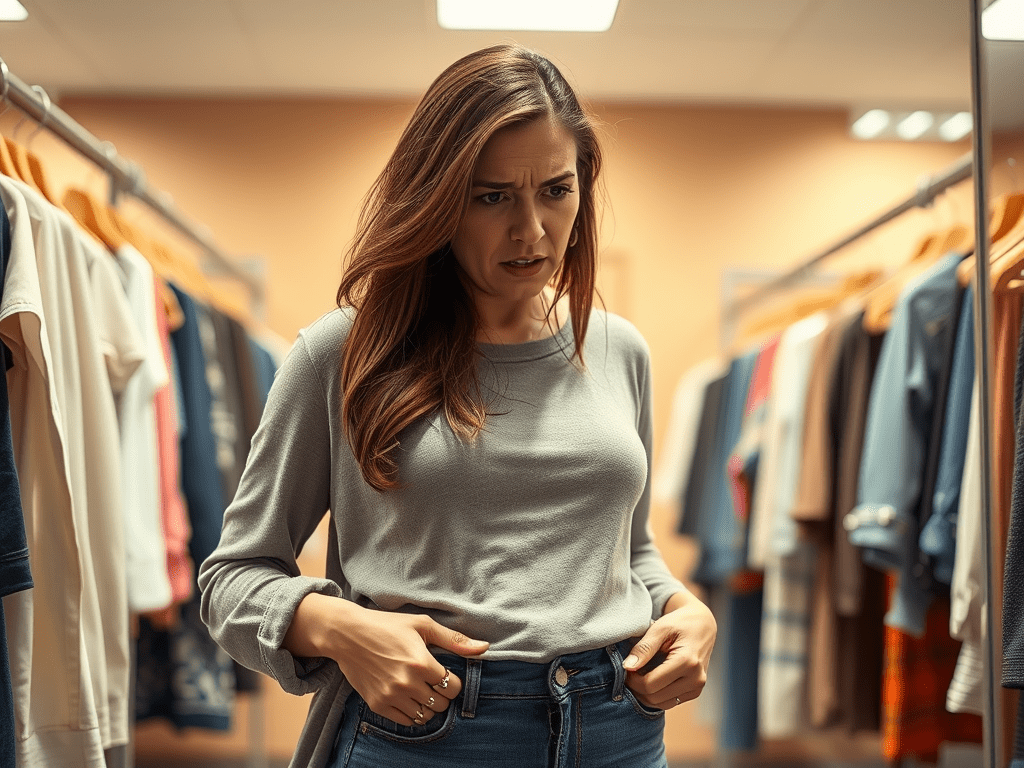 A woman looking distressed while trying on clothes in a dressing room, surrounded by a variety of garments on hangers.